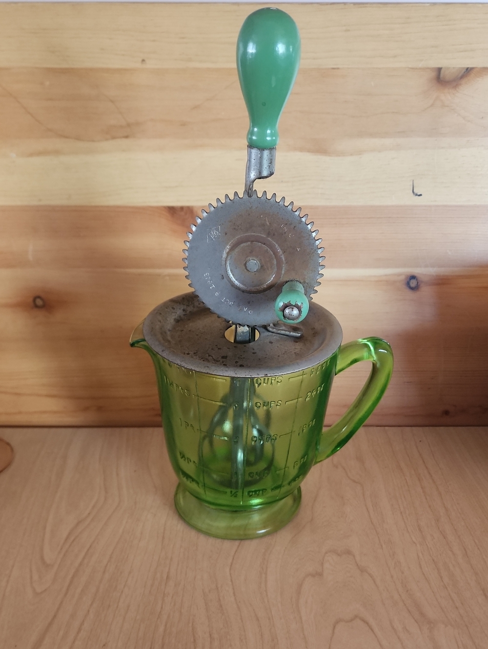 1920s A&J  Hand Mixer,  Uranium Glass  4  Cups Measuring Pitcher.